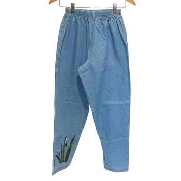 Sunbelt Denim Jeans Vintage Floral Hand painted Pull On Light Wash Mom Trend Med - Picture 1 of 9